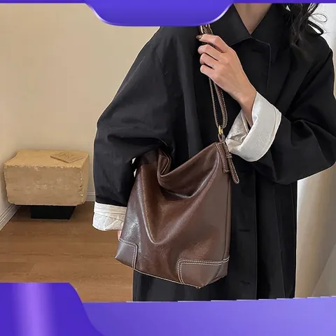 Women Large Capacity PU Leather Bucket Bag Vintage Contrast Stitching Shoulder Bag Commute Crossbody Bag Fashion Handbag