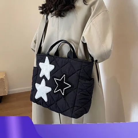 Bolso Tote Acolchado para Mujer Gran Capacidad Parche de Estrella Bolso de Hombro Bolso de Mano Casual Viaje Diario Otoño Invierno Trabajo