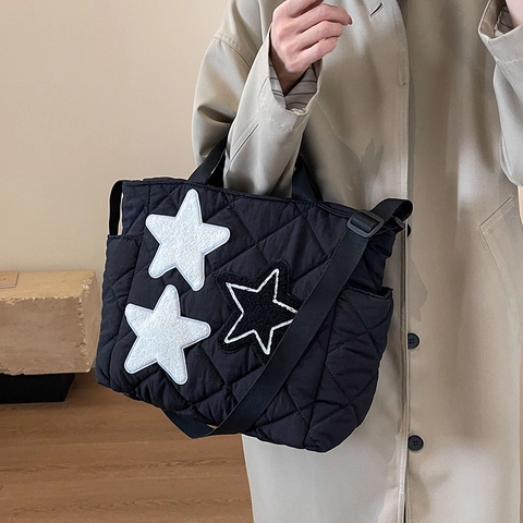 Bolso Tote Acolchado para Mujer Gran Capacidad Parche de Estrella Bolso de Hombro Bolso de Mano Casual Viaje Diario Otoño Invierno Trabajo