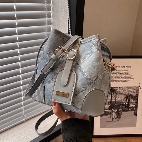Women Fashion PU Denim Patchwork Bucket Bag Vintage Minimalist Crossbody Shoulder Bag Gold Hardware Stitching Ladies Handbag