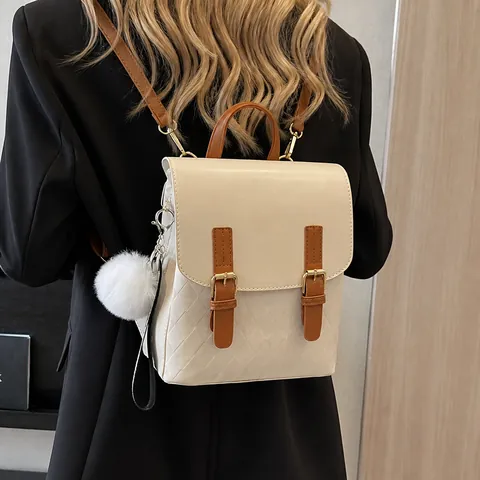 Women Fashion Diamond Lattice PU Leather Backpack Vintage Preppy Student School Bag With Flap Double Buckle And Pom Pom Accessory