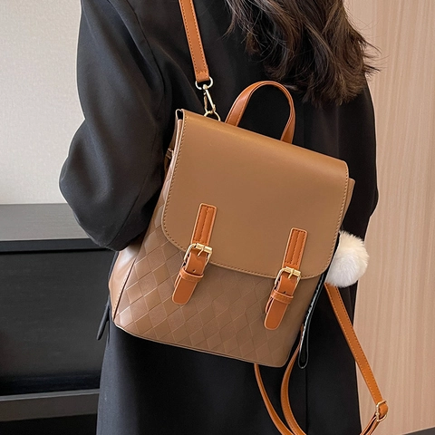 Women Fashion Diamond Lattice PU Leather Backpack Vintage Preppy Student School Bag With Flap Double Buckle And Pom Pom Accessory