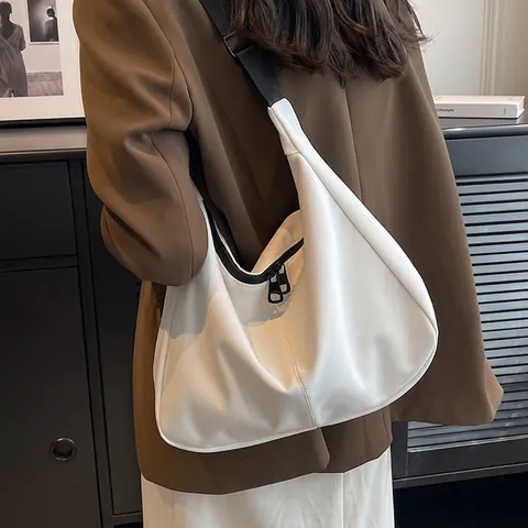 Large Capacity Canvas Crossbody Bag Women Minimalist Hobo Tote Bag Daily Commute Adjustable Strap Solid Color Handbag
