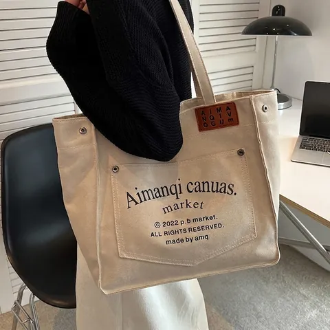 Damen Große Kapazität Segeltuch Tragetasche Vintage Buchstaben Druck Schulter Einkaufstasche Minimalistisch Pendeln Handtasche