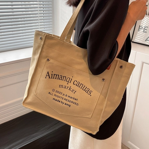 Damen Große Kapazität Segeltuch Tragetasche Vintage Buchstaben Druck Schulter Einkaufstasche Minimalistisch Pendeln Handtasche