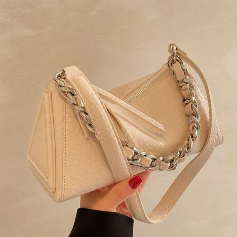 Bolso de Hombro de Cuero PU con Textura de Lichi Vintage Occidental Mujer Cadena de Plata Bolso de Almohada Casual