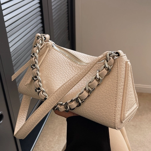 Borsa a Tracolla da Donna in Pelle PU con Trama Litchi Vintage Occidentale Catena Argento Sottobraccio a Cuscino Casual