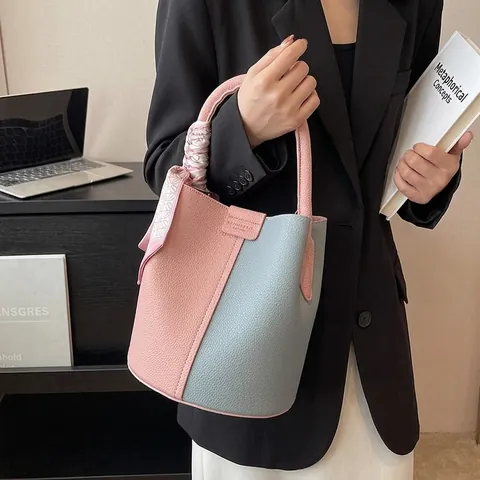 Women Contrast Color Bucket Bag PU Leather Lychee Pattern Handbag With Scarf Decoration Crossbody Shoulder Bag For Daily Office
