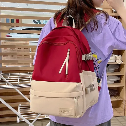 Mochila de Nailon con Bloques de Color Casual para Mujer Gran Capacidad Bolsa Escolar para Niñas Adolescentes Mochila de Viaje