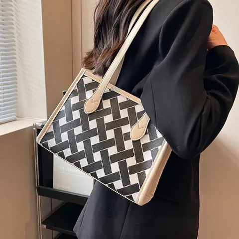 Γυναικεία Τσάντα Tote Μεγάλης Χωρητικότητας Chic Γεωμετρική Ύφανση Δέρμα PU Τσάντα Ώμου Γραφείου Shopping Μοντέρνα