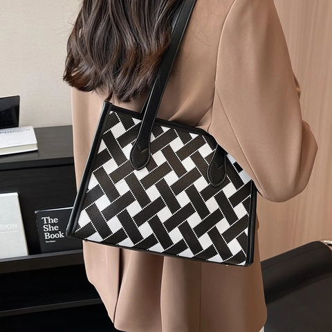 Γυναικεία Τσάντα Tote Μεγάλης Χωρητικότητας Chic Γεωμετρική Ύφανση Δέρμα PU Τσάντα Ώμου Γραφείου Shopping Μοντέρνα