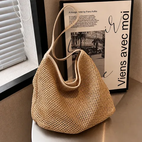 Women Large Capacity Hand Woven Straw Bucket Bag Summer Beach Shoulder Bag With PU Leather Strap Vintage Casual Tote