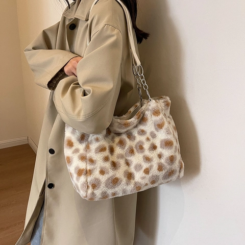 Borsa Tote da Donna in Pelliccia Sintetica con Stampa Leopardata Grande Capacità Invernale Pelosa con Tracolla a Catena