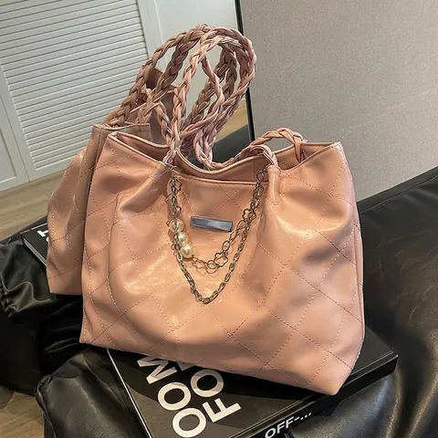 Bolso Tote Acolchado de Gran Capacidad para Mujer de Cuero PU con Asa Tejida Decoración de Cadena de Perlas Artificiales Oficina Mano