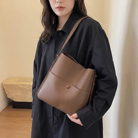 Bolso de Cubo Cuero PU Patrón Litchi Gran Capacidad Retro Mujer Bolso Bandolera Minimalista Con Bolsillo Frontal