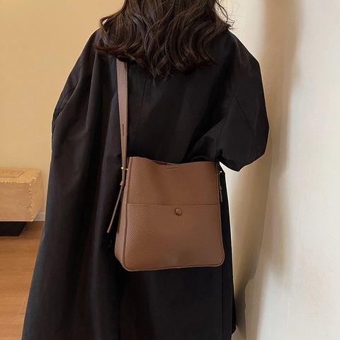 Bolso de Cubo Cuero PU Patrón Litchi Gran Capacidad Retro Mujer Bolso Bandolera Minimalista Con Bolsillo Frontal