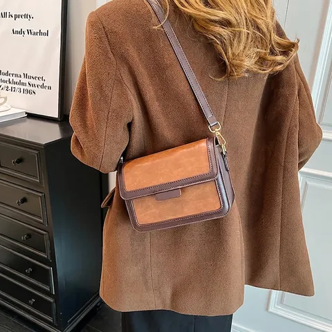 Borsa a Tracolla da Donna in Pelle PU Vintage Colore a Contrasto Borsa a Spalla Quadrata Retrò Con Tracolla Regolabile