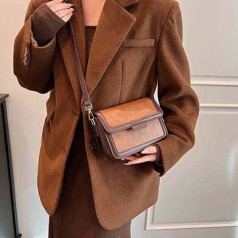 Borsa a Tracolla da Donna in Pelle PU Vintage Colore a Contrasto Borsa a Spalla Quadrata Retrò Con Tracolla Regolabile