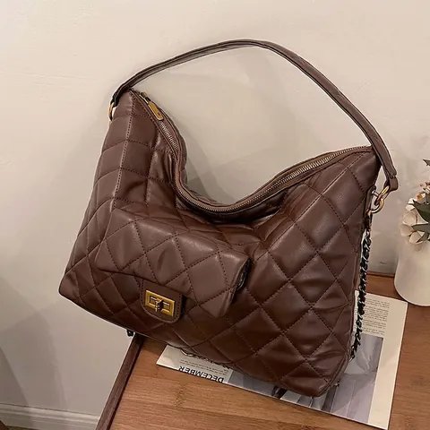 Large Quilted Tote Bag For Women PU Leather Lattice Shoulder Bag Hobo Handbag Gold Chain Commuter Bag Solid Color