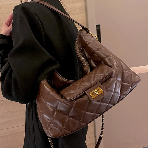 Large Quilted Tote Bag For Women PU Leather Lattice Shoulder Bag Hobo Handbag Gold Chain Commuter Bag Solid Color