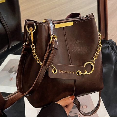 Retro PU Leder Eimer Umhängetasche Für Damen Vintage Schultertasche Mit Goldener Kette Metall Dekorative Kleine Handtasche