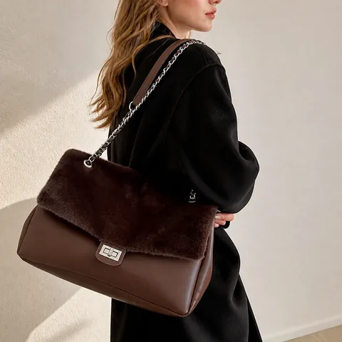 Women Vintage Large Capacity Tote Bag Faux Fur Leather Stitching Shoulder Bag With Chain Strap Silver Lock Fall Winter Handbag