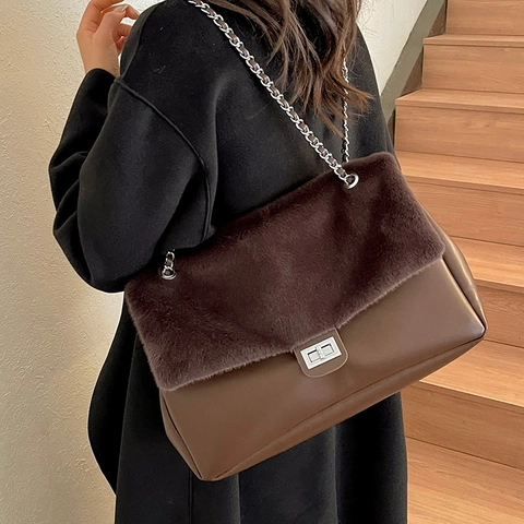 Γυναικεία Vintage Τσάντα Tote Μεγάλης Χωρητικότητας Patchwork Τεχνητή Γούνα Δέρμα Τσάντα Ώμου Με Αλυσίδα Ασημένια Κλειδαριά Φθινόπωρο Χειμώνας