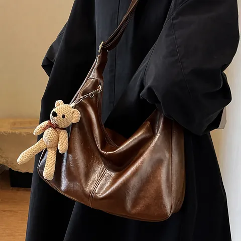 Bolso Tote de Cuero PU Retro para Mujer de Gran Capacidad Bolso de Hombro Elegante para Trabajo Con Colgante Oso de Punto