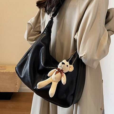 Bolso Tote de Cuero PU Retro para Mujer de Gran Capacidad Bolso de Hombro Elegante para Trabajo Con Colgante Oso de Punto