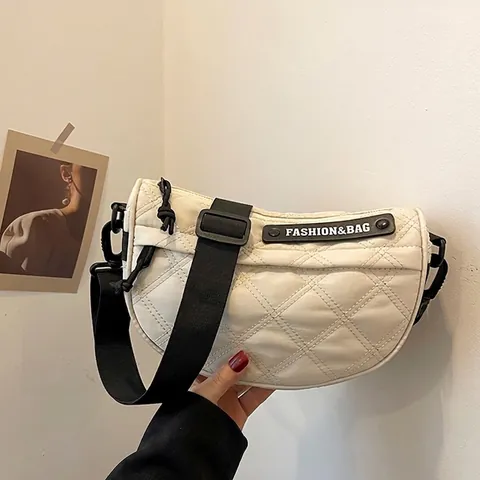 Women Nylon Quilted Crescent Bag Rhombic Pattern Crossbody Shoulder Bag Large Capacity Solid Color Casual Minimalist Style Satchel
