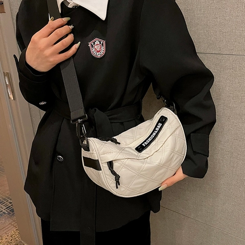 Women Nylon Quilted Crescent Bag Rhombic Pattern Crossbody Shoulder Bag Large Capacity Solid Color Casual Minimalist Style Satchel