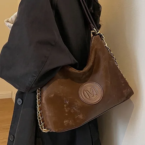 Vintage Matte PU Lederen Hobo Schoudertas Met Gouden Ketting Grote Capaciteit Retro Letter M Tote Bag Voor Dames Werk