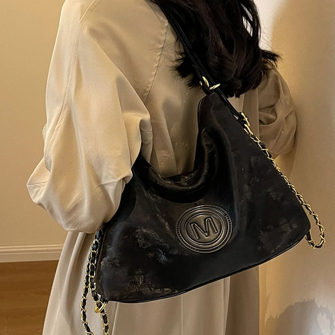 Vintage Matte PU Lederen Hobo Schoudertas Met Gouden Ketting Grote Capaciteit Retro Letter M Tote Bag Voor Dames Werk
