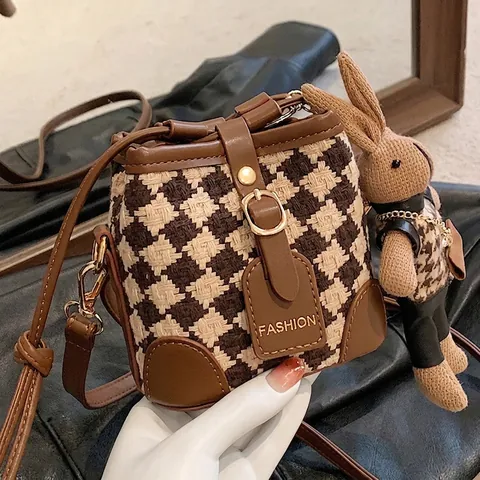 Vintage Kariert Umhängetasche Eimer Damen PU Leder Hahnentritt Kordelzug Schultertasche Mit Kaninchen Anhänger Retro Casual Handtasche