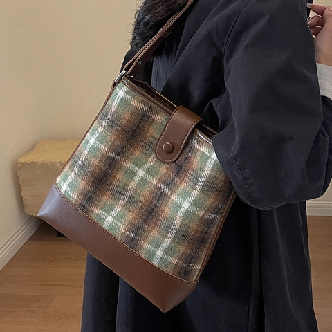 Borsa a Secchiello in Lana Tartan Vintage Donna Grande Capacità Pelle PU Borsa a Tracolla Retro Quadri Handbag Autunno Inverno Casual Quotidiana