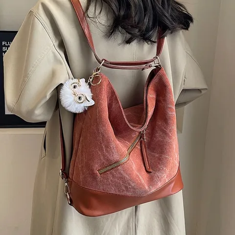 Borsa Tote in Velluto a Coste Donna Retro Grande Capacità con Giunzione in Pelle PU e Ciondolo Gufo Zaino Casual