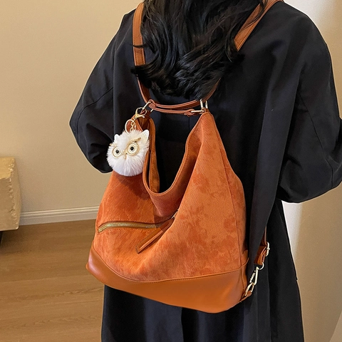 Borsa Tote in Velluto a Coste Donna Retro Grande Capacità con Giunzione in Pelle PU e Ciondolo Gufo Zaino Casual
