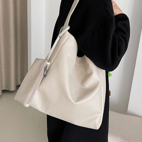 Grote Capaciteit Dames PU Leren Emmer Tas Minimalistische Retro Tote Tas Met Afneembare Pouch Voor Dagelijks Woon-Werkverkeer