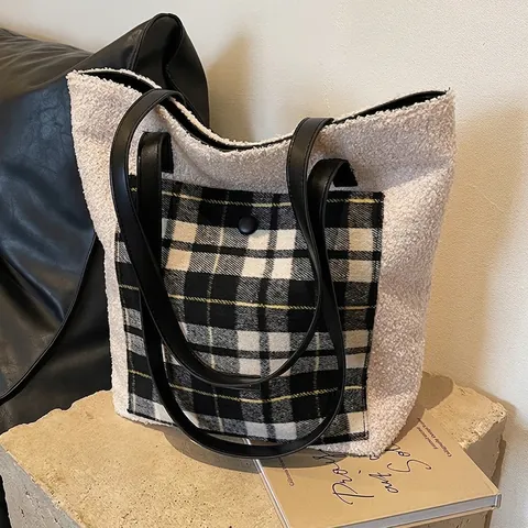 Bolso Tote de Lana de Cordero Esponjoso de Invierno de Gran Capacidad para Mujer Bolso de Hombro de Patchwork de Cuadros Bolso de Mano de Peluche Casual