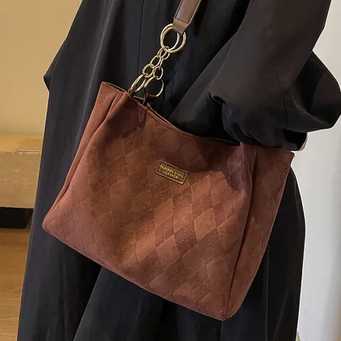 Borsa Tote da Donna di Grande Capacità Retrò Smerigliata Borsa a Tracolla Trapuntata a Rombi con Tracolla a Catena