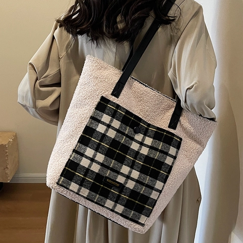 Bolso Tote de Lana de Cordero Esponjoso de Invierno de Gran Capacidad para Mujer Bolso de Hombro de Patchwork de Cuadros Bolso de Mano de Peluche Casual