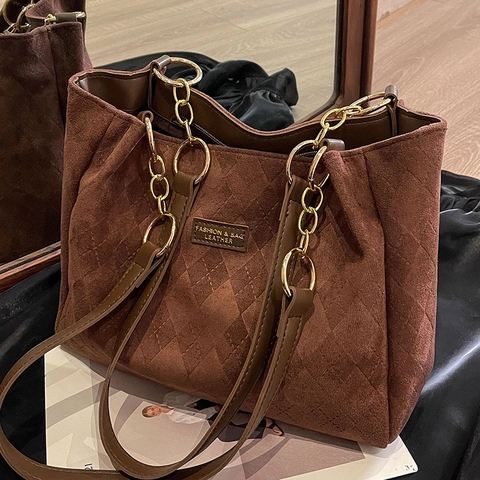 Borsa Tote da Donna di Grande Capacità Retrò Smerigliata Borsa a Tracolla Trapuntata a Rombi con Tracolla a Catena