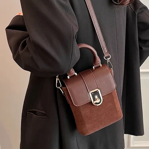 Retro Damen PU Leder Wildleder Nähte Handtasche Mode Kleine Quadratische Umhängetasche Mit Metallschloss Verstellbarer Riemen Tasche