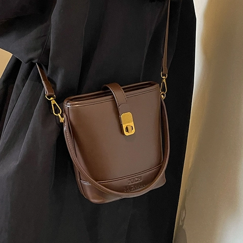Frauen Vintage PU Leder Eimertasche Mode Handheld Schulter Umhängetasche Mit Goldener Metallschnalle Für Tägliche Dating Geschenk