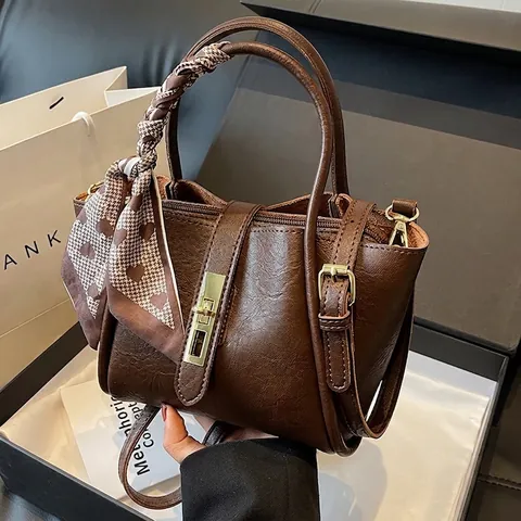 Women Retro PU Leather Bucket Bag With Satin Scarf Wrapped Handle Gold Metal Lock Small Crossbody Handbag Travel Fashion Bag