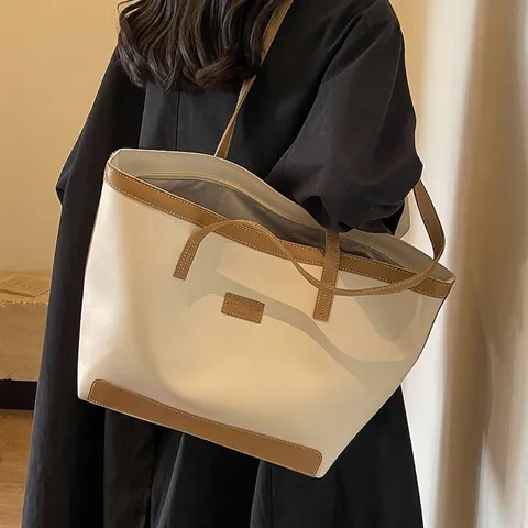 Women Large Capacity PU Leather Tote Bag With Contrast Stitching Vintage Commute Shoulder Bag Minimalist Commuting Handbag