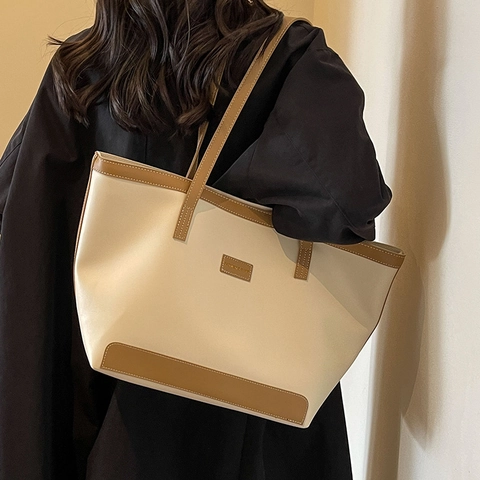 Women Large Capacity PU Leather Tote Bag With Contrast Stitching Vintage Commute Shoulder Bag Minimalist Commuting Handbag