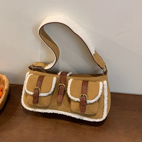 Bolso de Axila de Gamuza Mate Marrón Vintage para Mujer Gran Capacidad Ribete de Vellón Bolso de Hombro con Hebilla Invierno