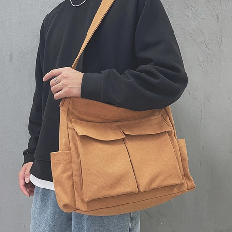 Sac Fourre-Tout en Toile Grande Capacité pour Femmes Sac Bandoulière Utilitaire Multi Poches Minimaliste Décontracté pour École