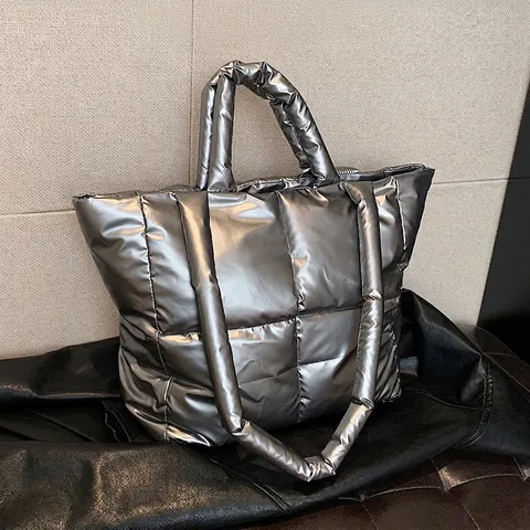 Women Quilted Puffer Tote Bag Metallic Cotton Padded Large Capacity Shoulder Bag Casual Daily Commute Handbag